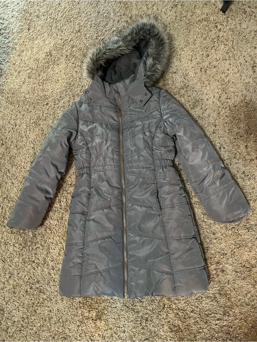Calvin Klein Gray Quilted Hooded Puffer Jacket with Faux Fur Trim